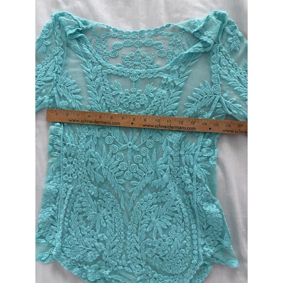 Blue Sheer Embroidered Lace Top Womens Medium Floral Boho Festival Layer Beach - Picture 7 of 13